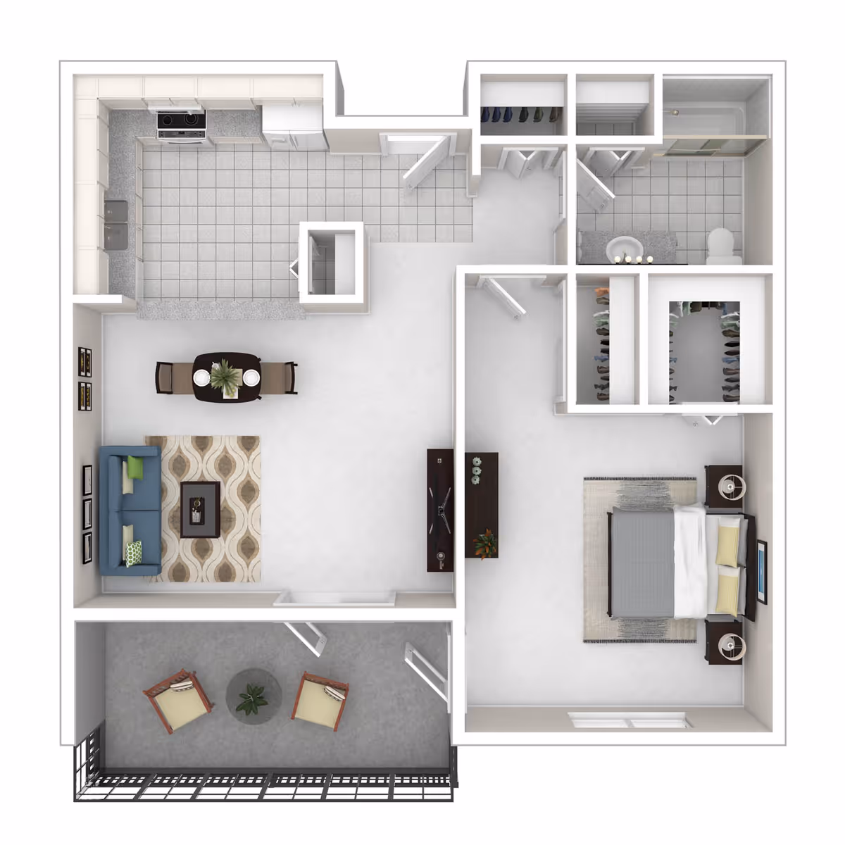 Top-down 3D floor plan of a one-bedroom apartment with a kitchen, dining area, living room, bedroom with walk-in closets, bathroom, and a balcony.