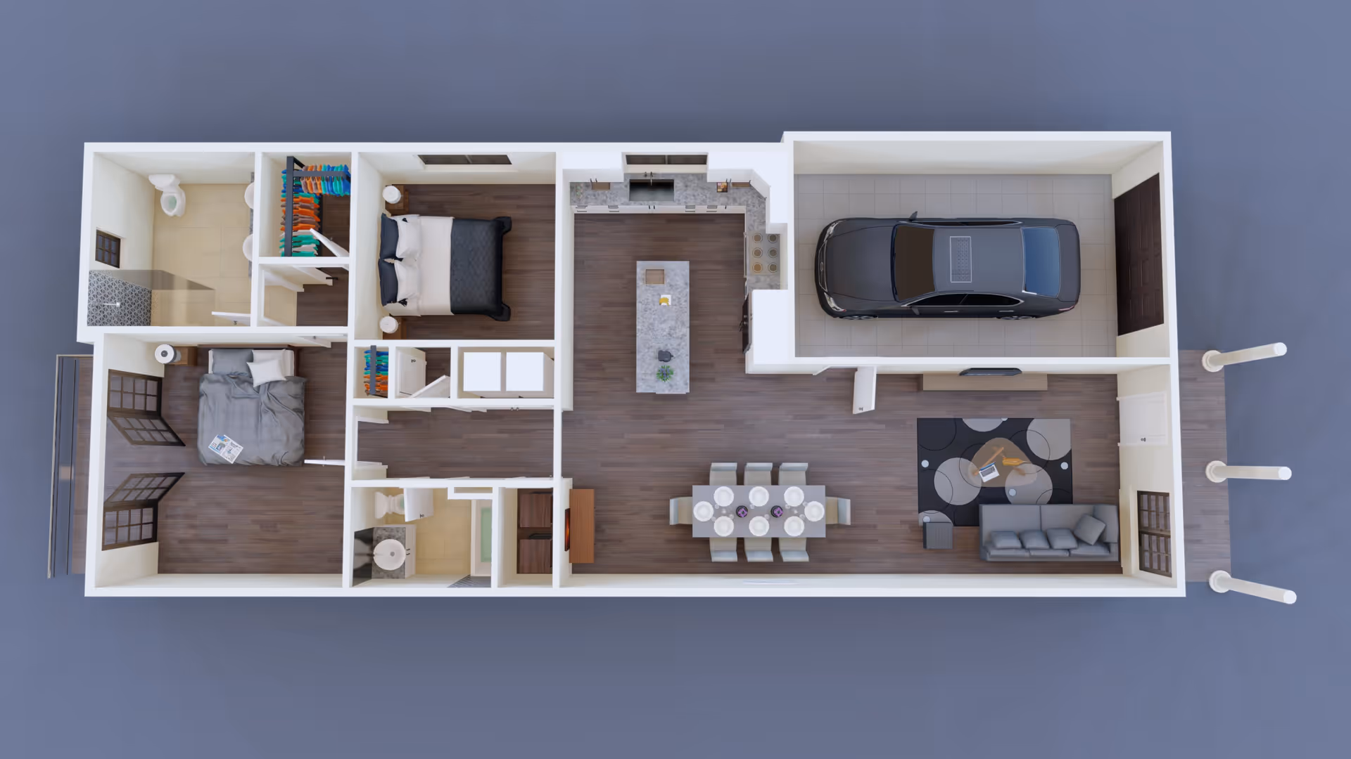 3D floor plan of a single-story home showing two bedrooms, two bathrooms, a kitchen with an island, a dining area, a living room, and an attached garage with a car inside.