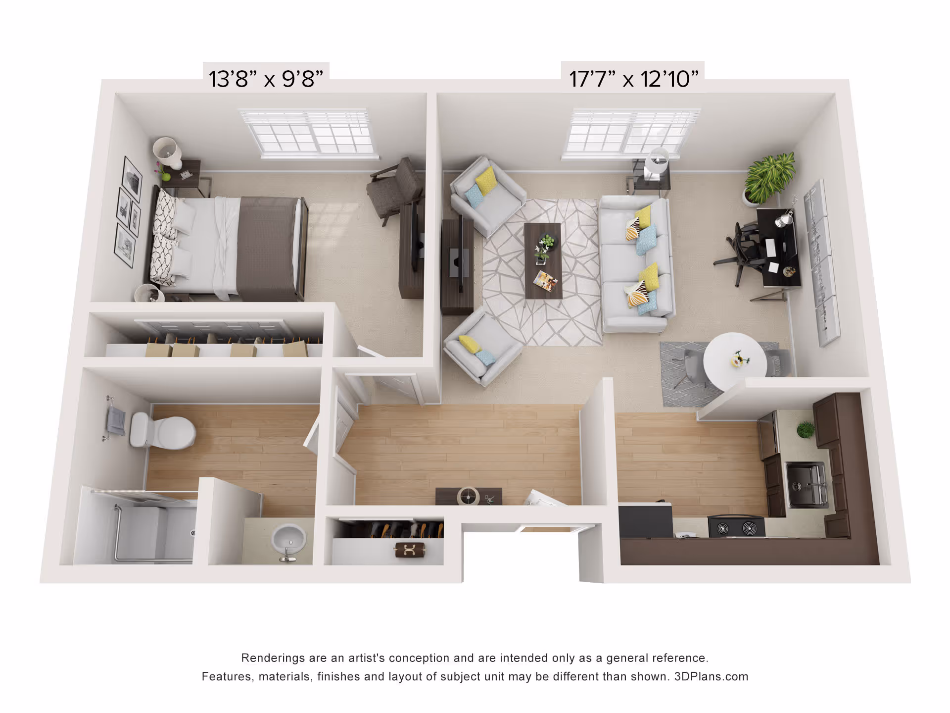 3D floor plan of a one-bedroom apartment showing a bedroom, bathroom, living room, dining area, and kitchen.