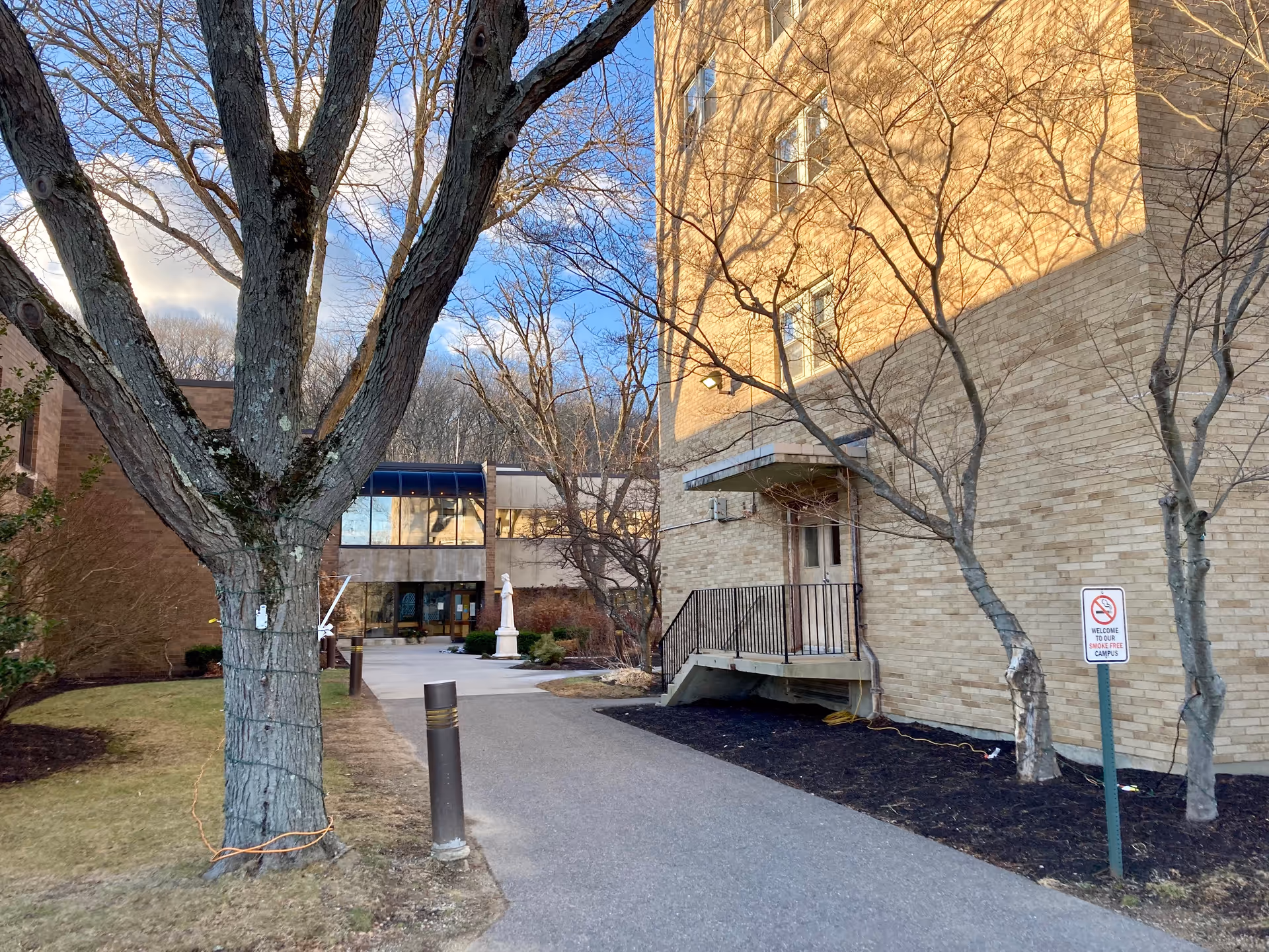 Outdoor view of the Elizabeth Seton Residence showing a paved walkway leading to a building entrance. There are leafless trees on both sides of the path, a statue near the entrance, and a sign indicating a smoke-free campus. The building is made of light-colored bricks and is illuminated by sunlight.