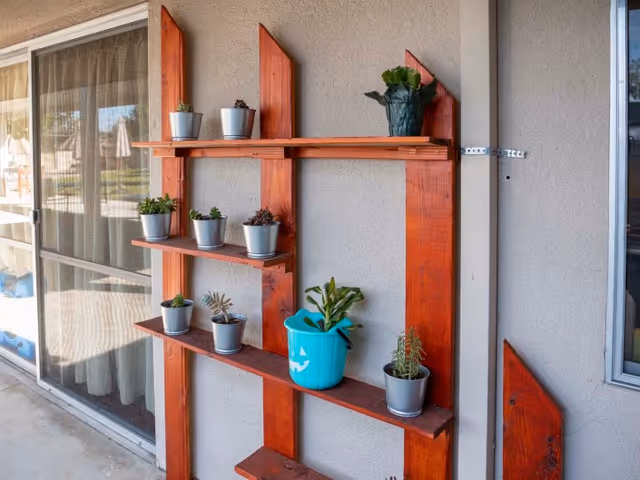 Wooden wall-mounted shelves holding small potted plants and a blue watering bucket beside a sliding glass door on an exterior wall.