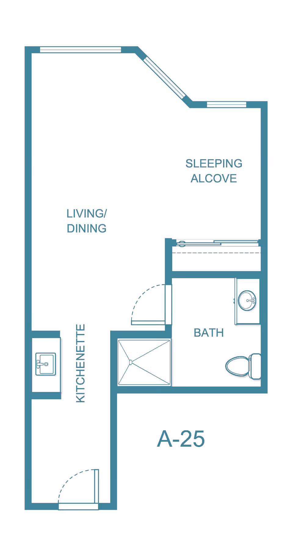 Floor plan layout of a studio apartment labeled A-25 at Solista Wilmington, showing a kitchenette, living/dining area, sleeping alcove, and a bathroom with a shower, toilet, and sink.