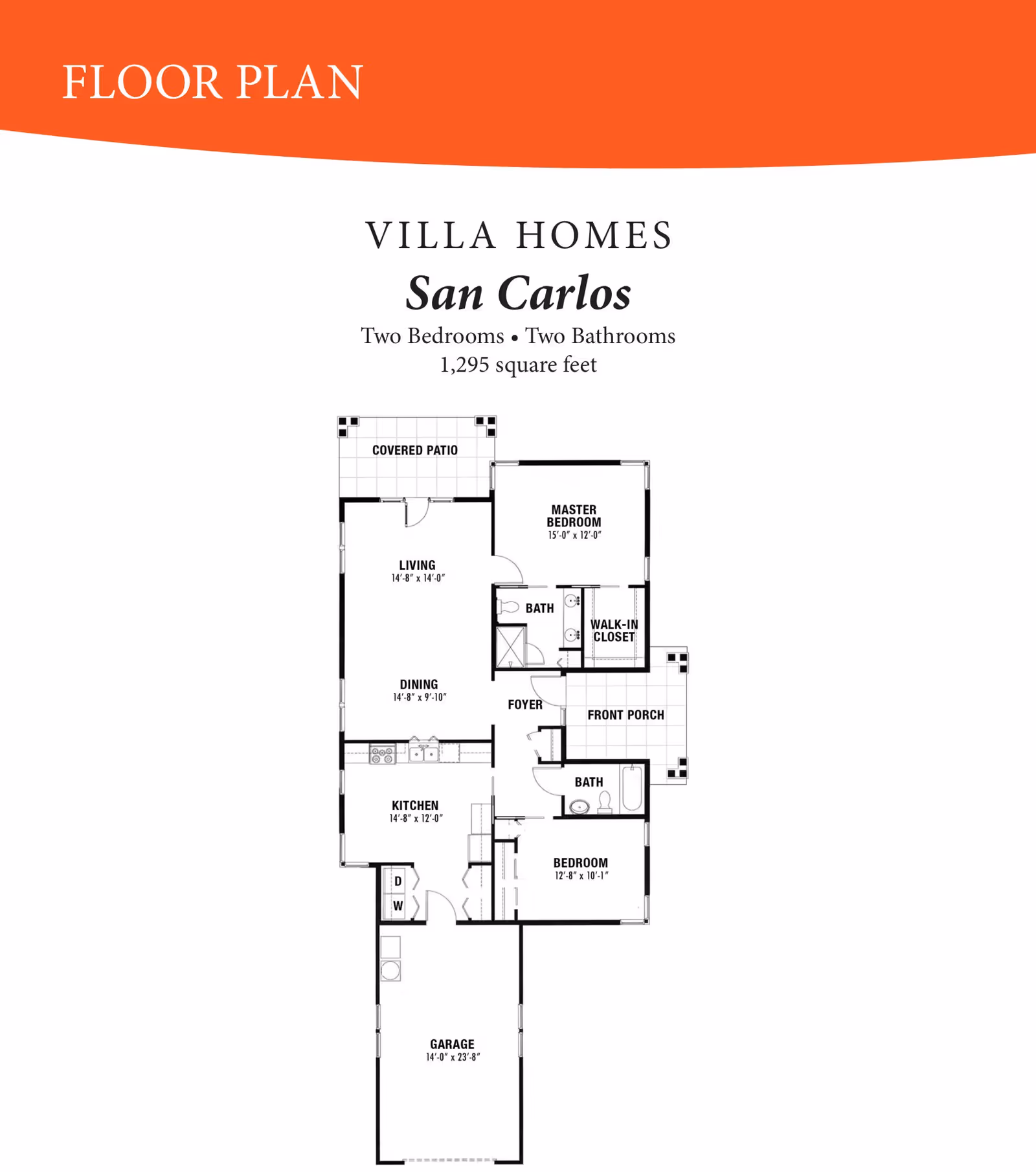 Floor plan of a villa home named San Carlos featuring two bedrooms, two bathrooms, a living room, dining area, kitchen, covered patio, front porch, walk-in closet, foyer, and a garage. The total area is 1,295 square feet.