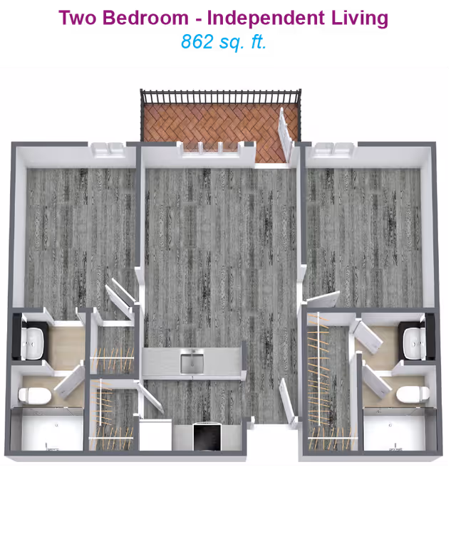 3D floor plan of a two-bedroom independent living apartment with 862 square feet. The layout includes two bedrooms on either side, each with an attached bathroom and closet. The central area features a kitchen with a sink and stove, and a living space that opens to a small outdoor balcony with a brick floor and railing.