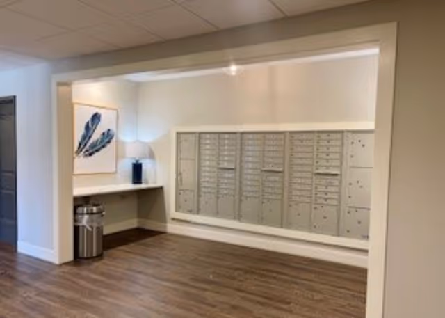 Interior view of a senior living facility mailroom area with multiple mailboxes mounted on the wall, a small countertop with a lamp and framed artwork of two blue feathers, and a trash can on the wooden floor.