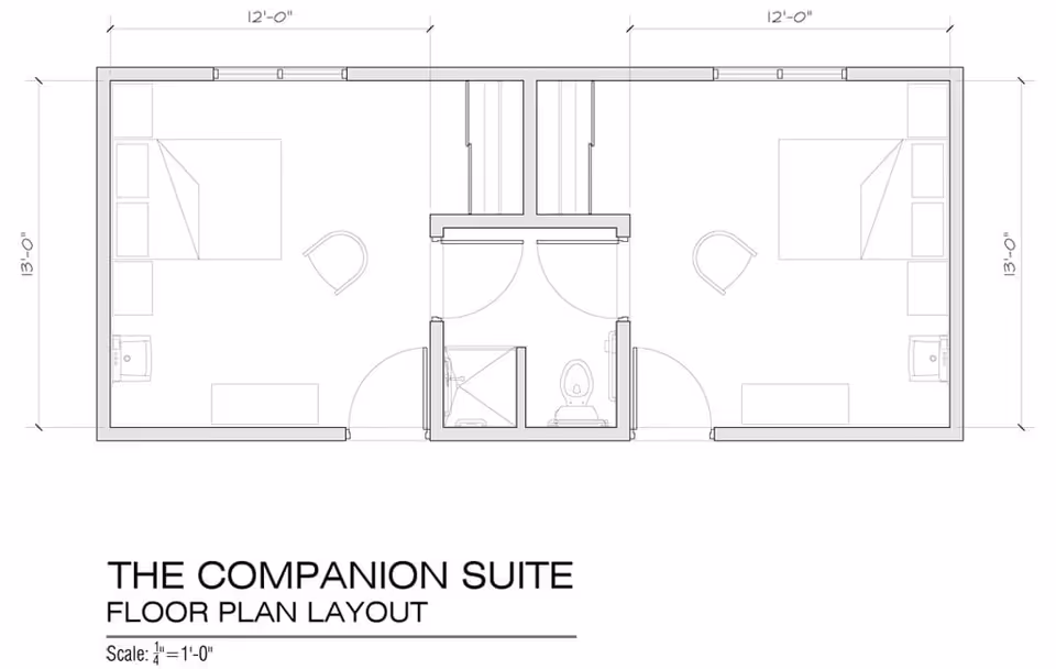 Architectural floor plan layout of The Companion Suite showing two adjacent bedrooms each with a bed, chair, and dresser, sharing a central bathroom with a shower and toilet.