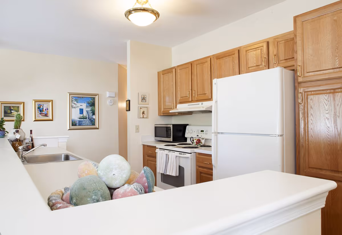 A kitchen area with wooden cabinets, a white refrigerator, an electric stove with oven, a microwave, and a sink. There are decorative paintings on the wall and a bowl of decorative stones on the counter.