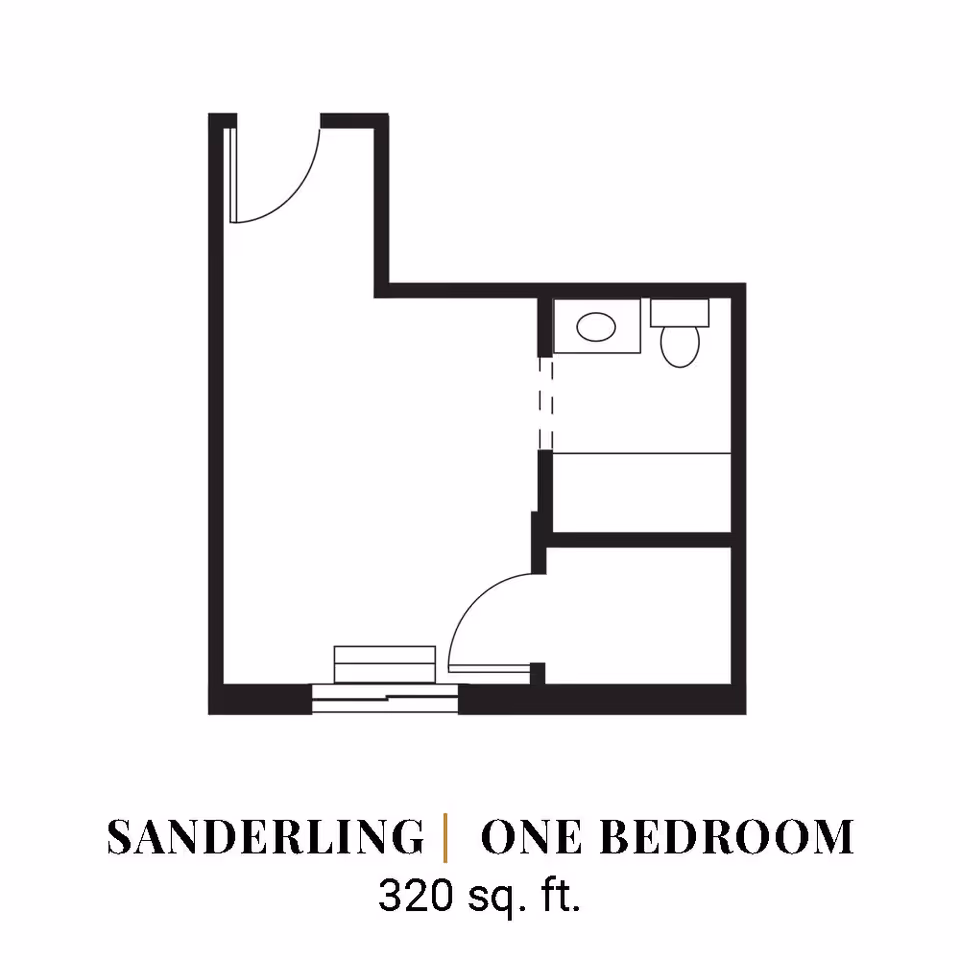 Black-and-white floor plan labeled "SANDERLING | ONE BEDROOM 320 sq. ft." showing a one-bedroom apartment layout with an entry, main living area, bathroom and closet.