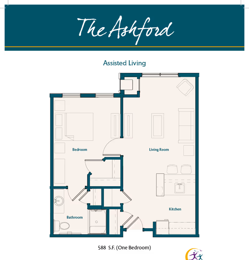 A labeled one-bedroom assisted living floor plan showing a bedroom, bathroom, kitchen, and living room.