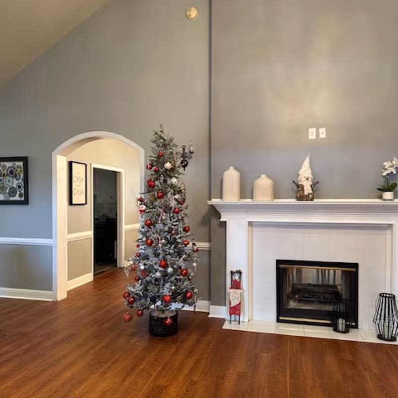 A cozy living room with a decorated Christmas tree featuring red and white ornaments next to a white fireplace mantel adorned with decorative vases, a small Santa figurine, and a potted plant. The room has wooden flooring, gray walls, and an arched doorway leading to another room.