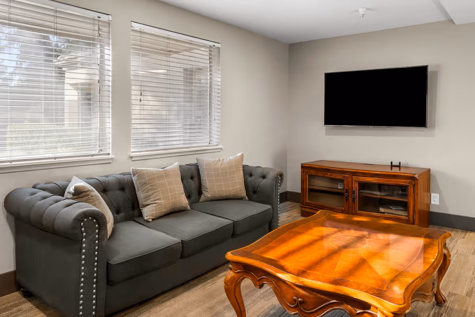 A cozy living room with a dark gray tufted sofa adorned with three beige plaid pillows, two windows with blinds letting in natural light, a wooden coffee table with a polished surface, and a flat-screen TV mounted on the wall above a wooden cabinet.