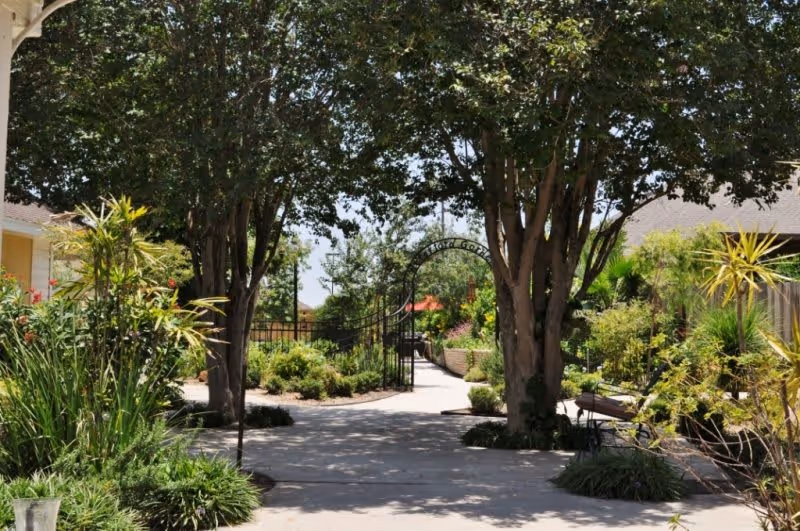 Sunlit courtyard walkway framed by trees and lush landscaping with benches and an arched gate in the distance.
