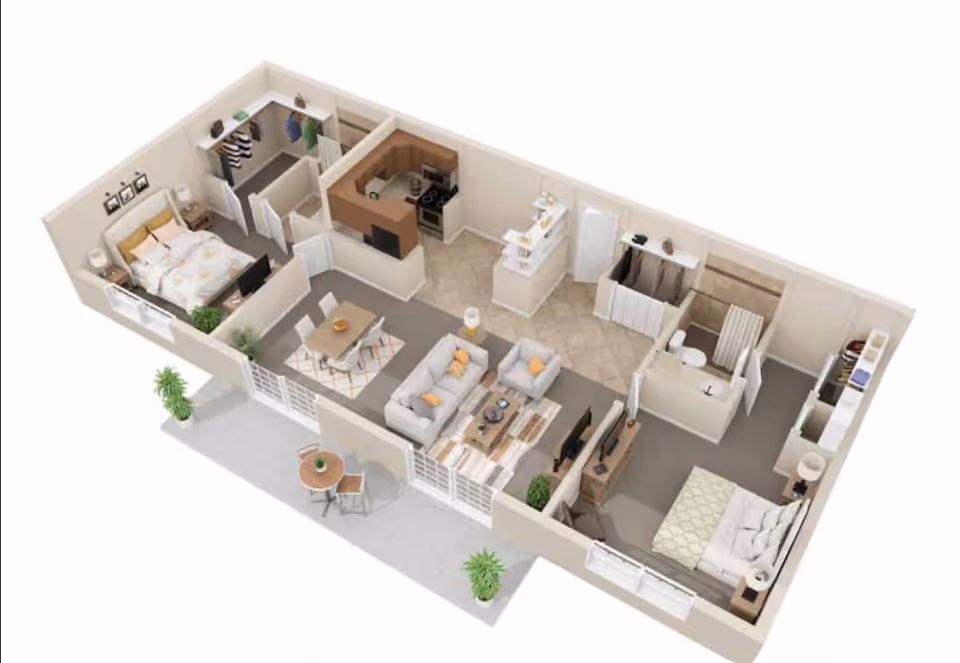3D floor plan of an apartment featuring two bedrooms, a living room with sofa and armchair, a dining area with table and chairs, a kitchen with appliances, a bathroom with shower, and an outdoor patio with a small table and two chairs.