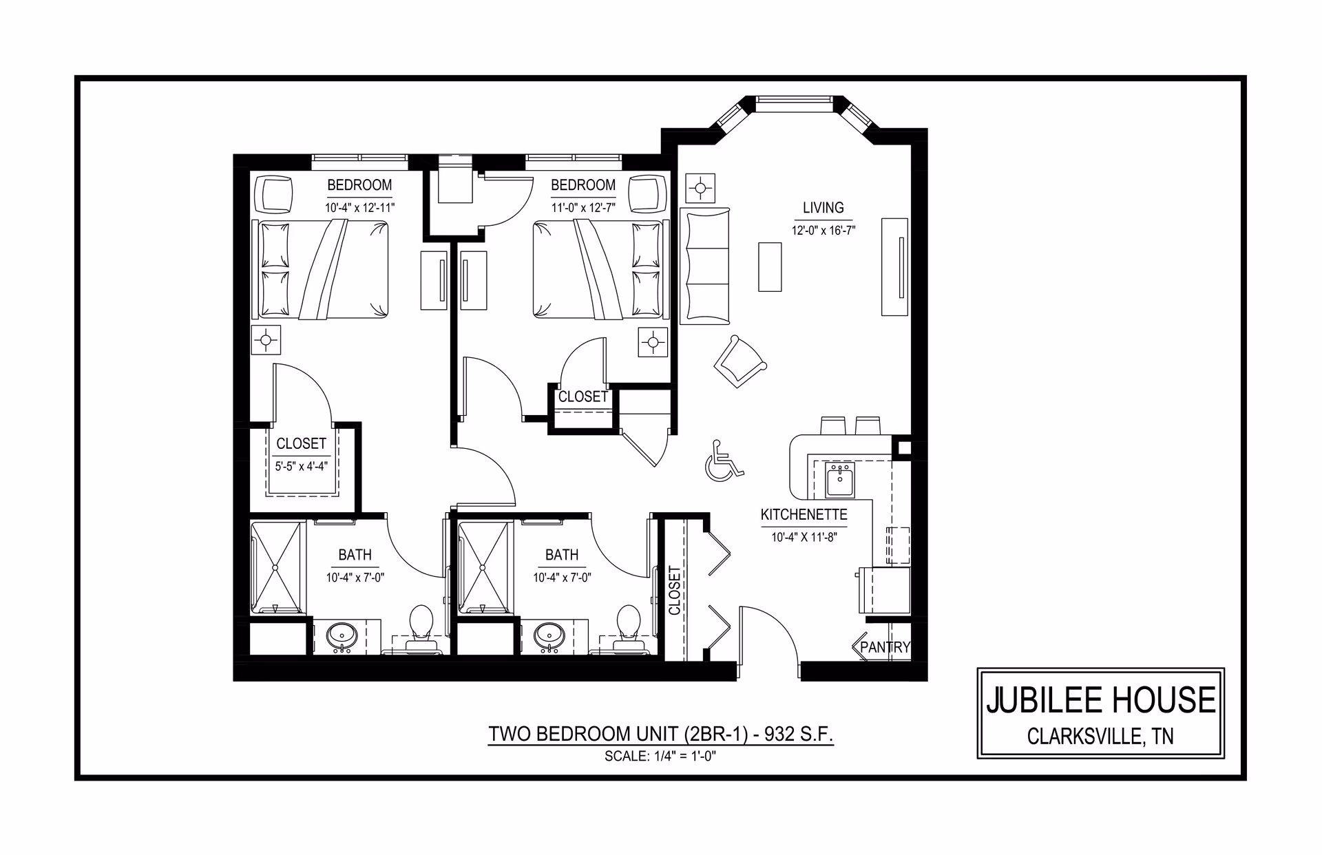 Architectural floor plan of a two-bedroom unit at Jubilee House in Clarksville, TN, showing two bedrooms, two bathrooms, a living room, kitchenette, closets, and pantry with dimensions.