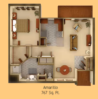 A 3D floor plan of a one-bedroom apartment named Amarillo with 767 square feet. The layout includes a bedroom with a bed and nightstands, a kitchen with appliances, a living room with seating and a TV, a dining area with a round table and chairs, a bathroom with a shower, toilet, and sink, and closets for storage.