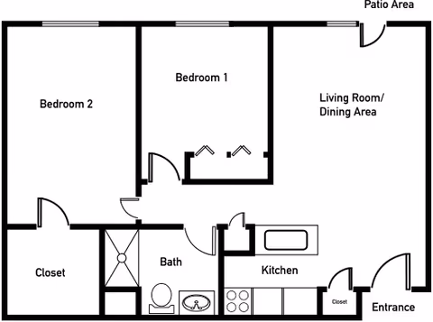 Floor plan of a residential unit at Brookstone Estates of Tuscola showing two bedrooms, a bathroom, a kitchen, a living room/dining area, closets, an entrance, and a patio area.