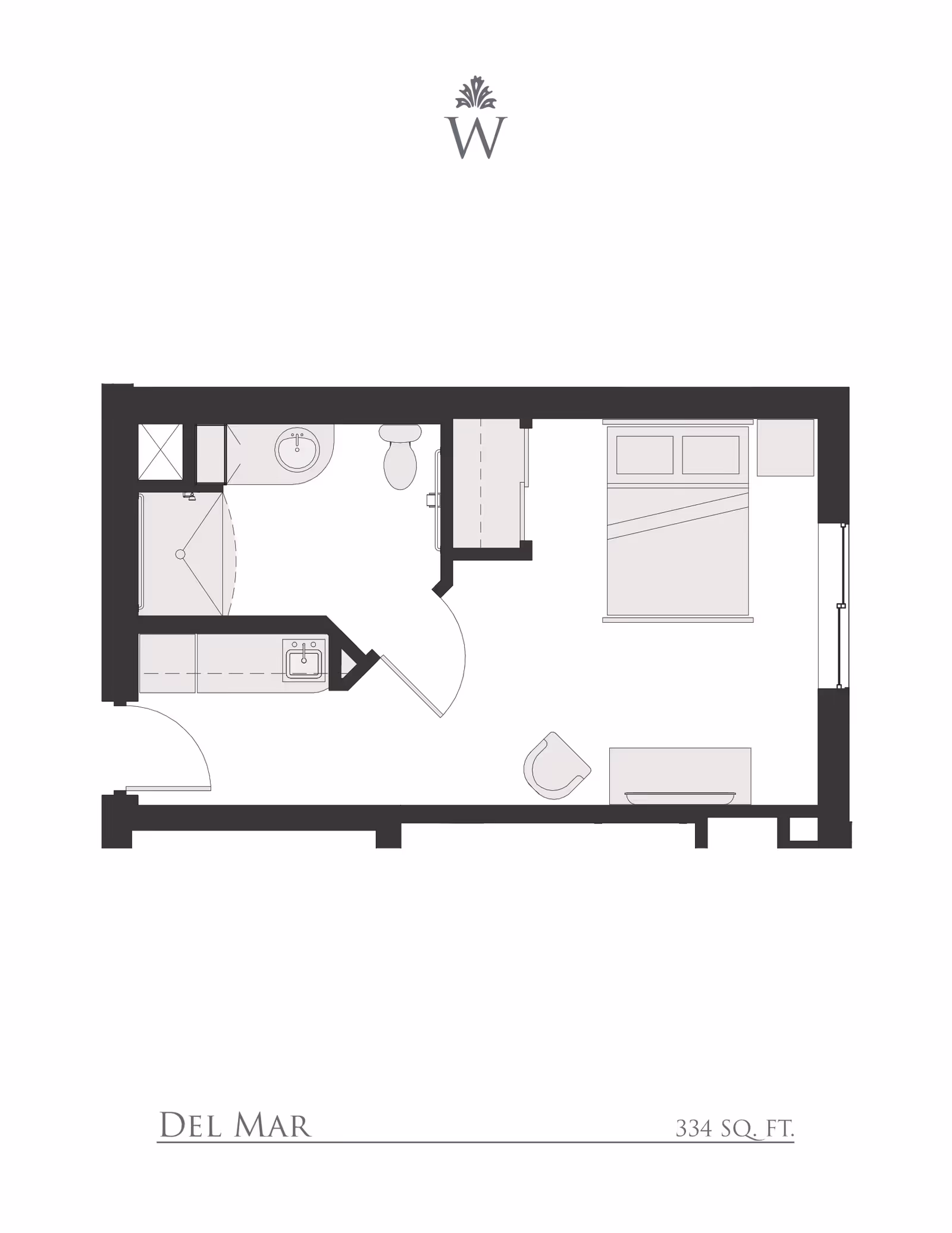 Architectural floor plan of a 334 sq. ft. studio labeled "Del Mar" showing a bed area, kitchenette, bathroom with shower, and closet.
