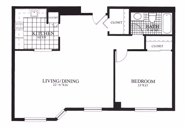 Black-and-white floor plan of a one-bedroom apartment showing a kitchen, living/dining area, bedroom, bathroom, and closets.