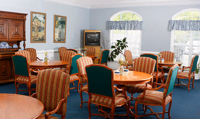 A senior living facility dining room with round wooden tables surrounded by upholstered chairs with green and red patterned fabric. The room has blue carpet, light blue walls, two framed paintings, a wooden cabinet with decorative plates, a TV on a stand, and large windows with blue valances letting in natural light. There are small flower arrangements on the tables.
