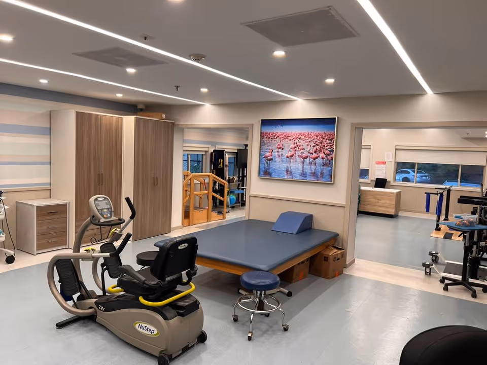 Rehabilitation therapy room with exercise equipment, a treatment table, storage cabinets and a wall-mounted photo of flamingos.