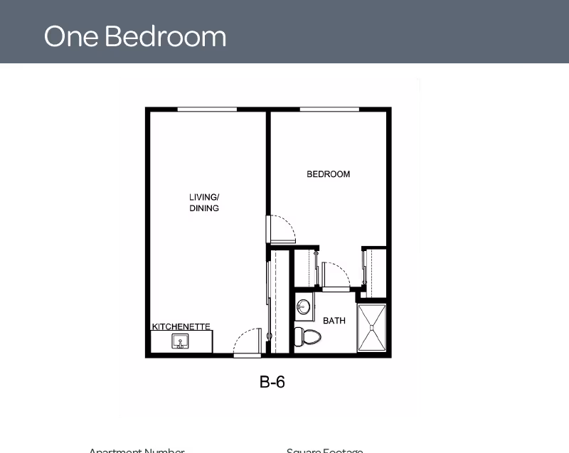 Floor plan layout of a one-bedroom apartment labeled B-6, showing a living/dining area with a kitchenette, a separate bedroom, and a bathroom with a toilet and shower.