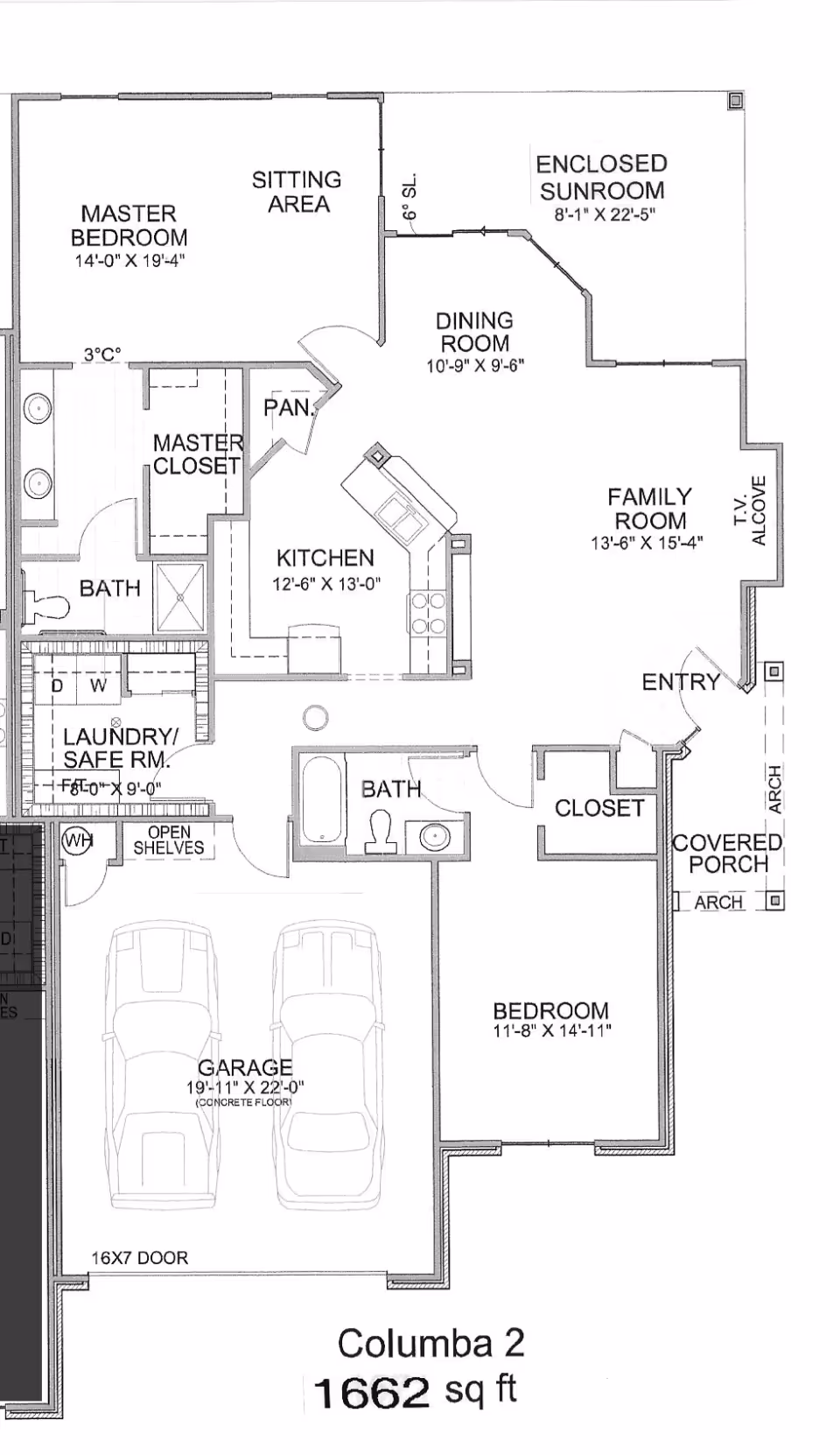 A labeled floor plan of a single-story senior living apartment, showing rooms like kitchen, dining room, family room, sunroom, bedrooms, baths, laundry, and a two-car garage.