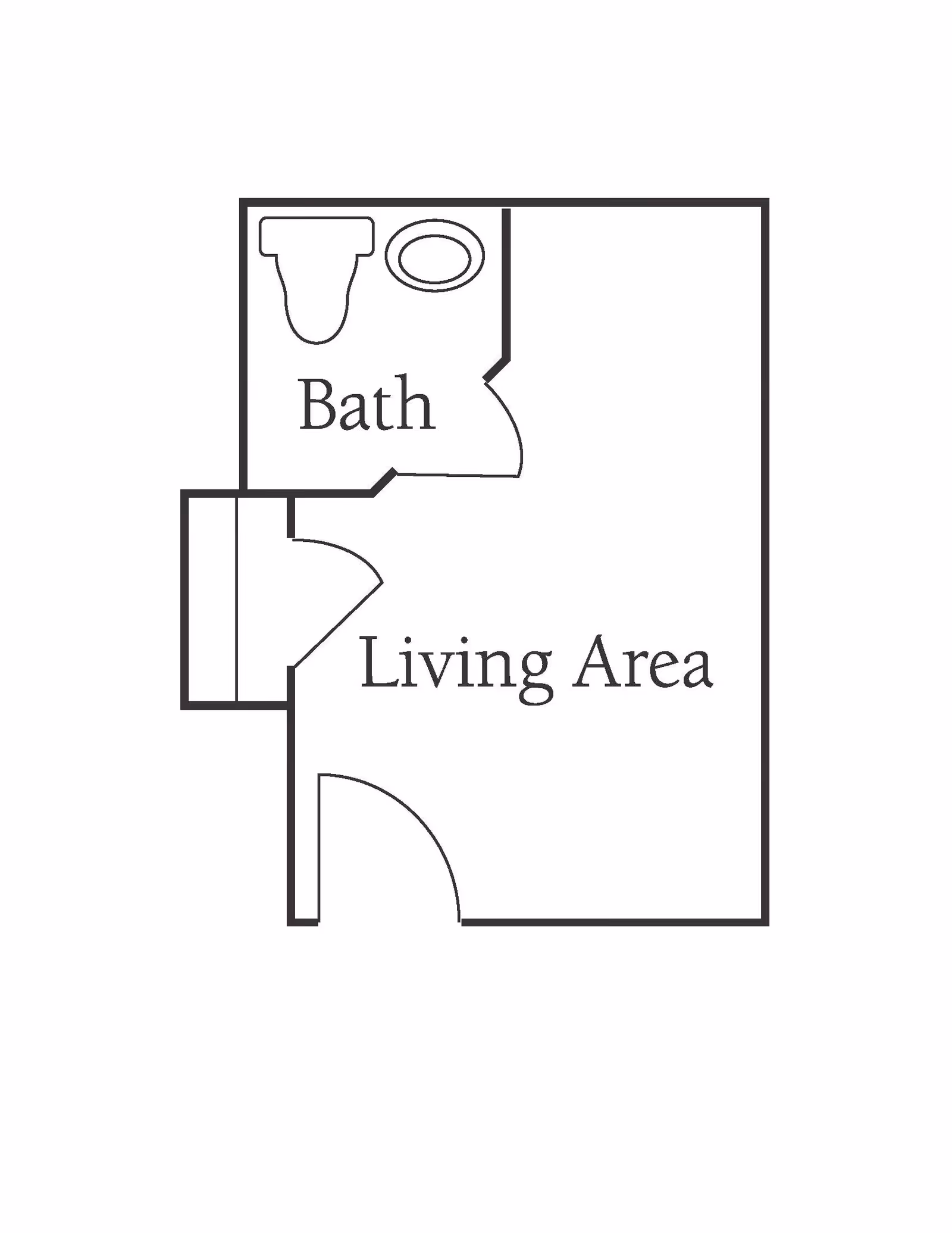 A simple black and white floor plan showing a small living area connected to a bathroom with a toilet and sink.