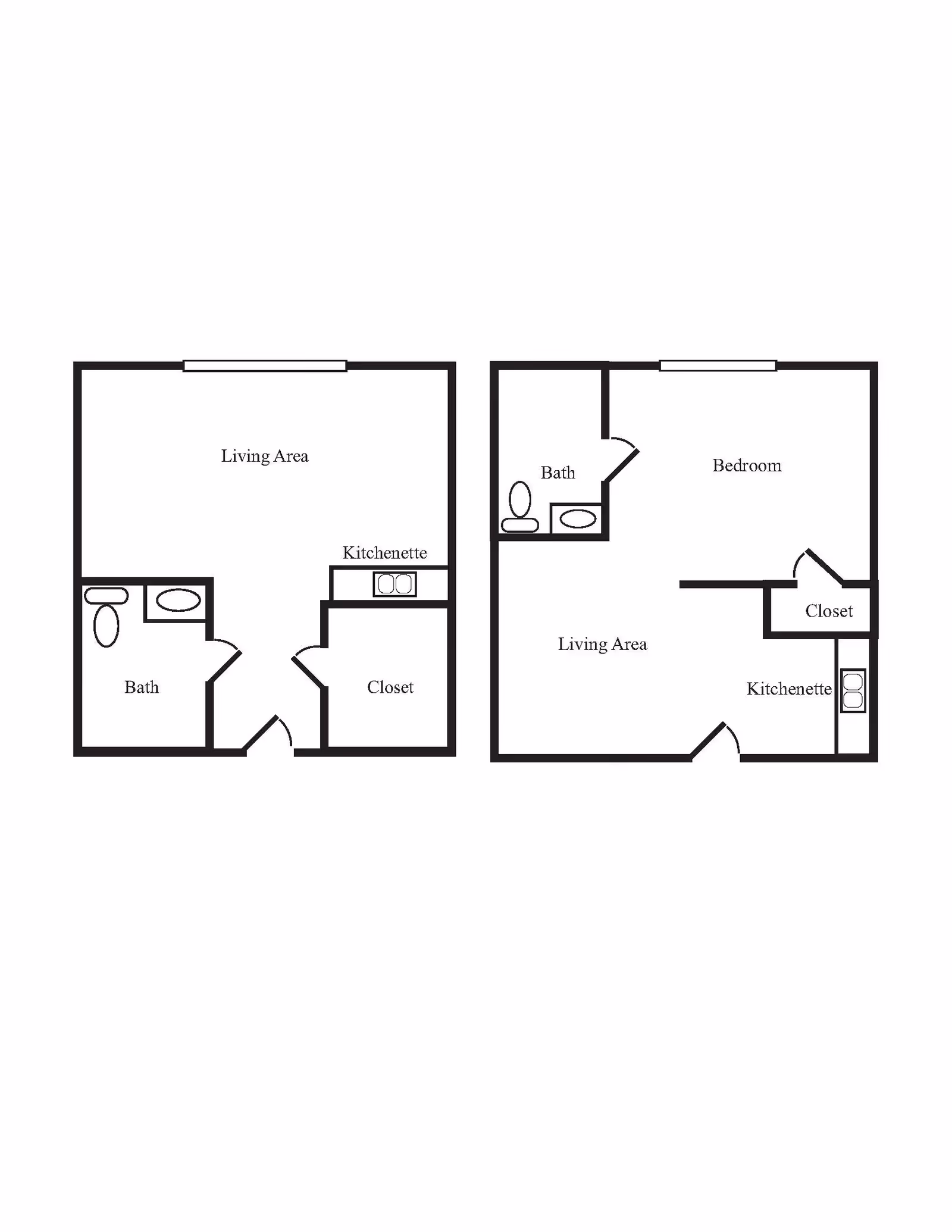 Two black and white architectural floor plans side by side showing layouts with labeled rooms including living area, bath, kitchenette, closet, and bedroom in one plan.