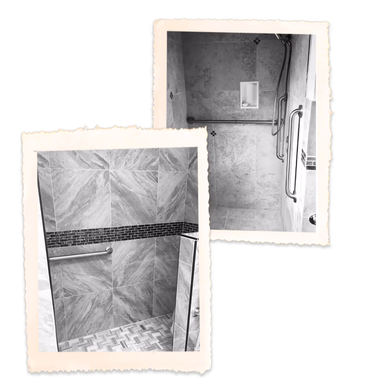 Two black and white photos showing tiled shower areas with grab bars. One shower has a handheld showerhead and a built-in soap holder, while the other has a decorative tile border and a grab bar on the wall.