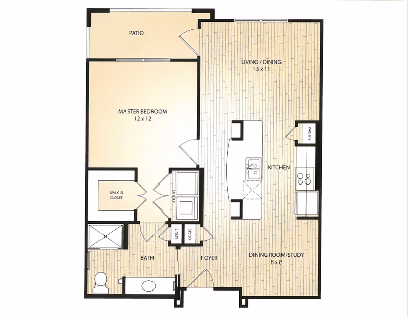Floor plan of a residential unit at Watercrest at Kingwood showing a master bedroom with walk-in closet, bathroom, utility area, foyer, kitchen with island, pantry, living/dining area, dining room/study, and a patio.