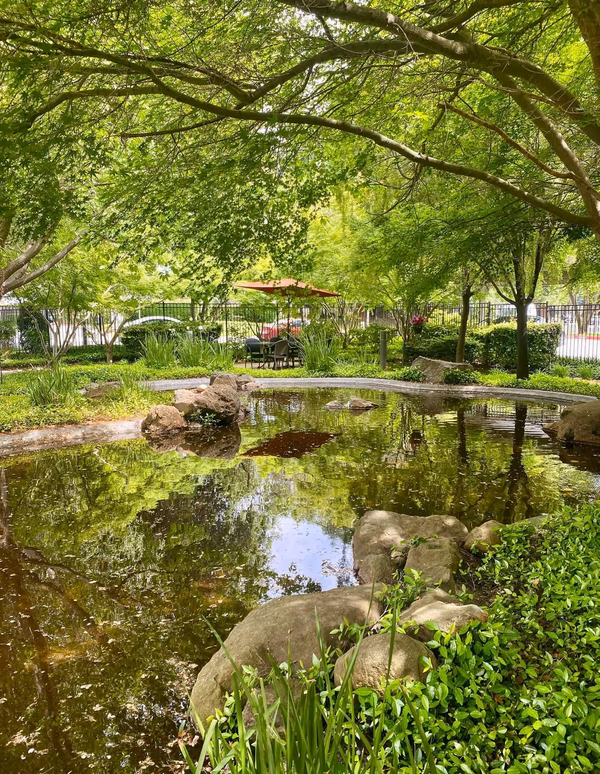 A tranquil landscaped pond surrounded by rocks, greenery and trees with patio seating and an umbrella in the background.