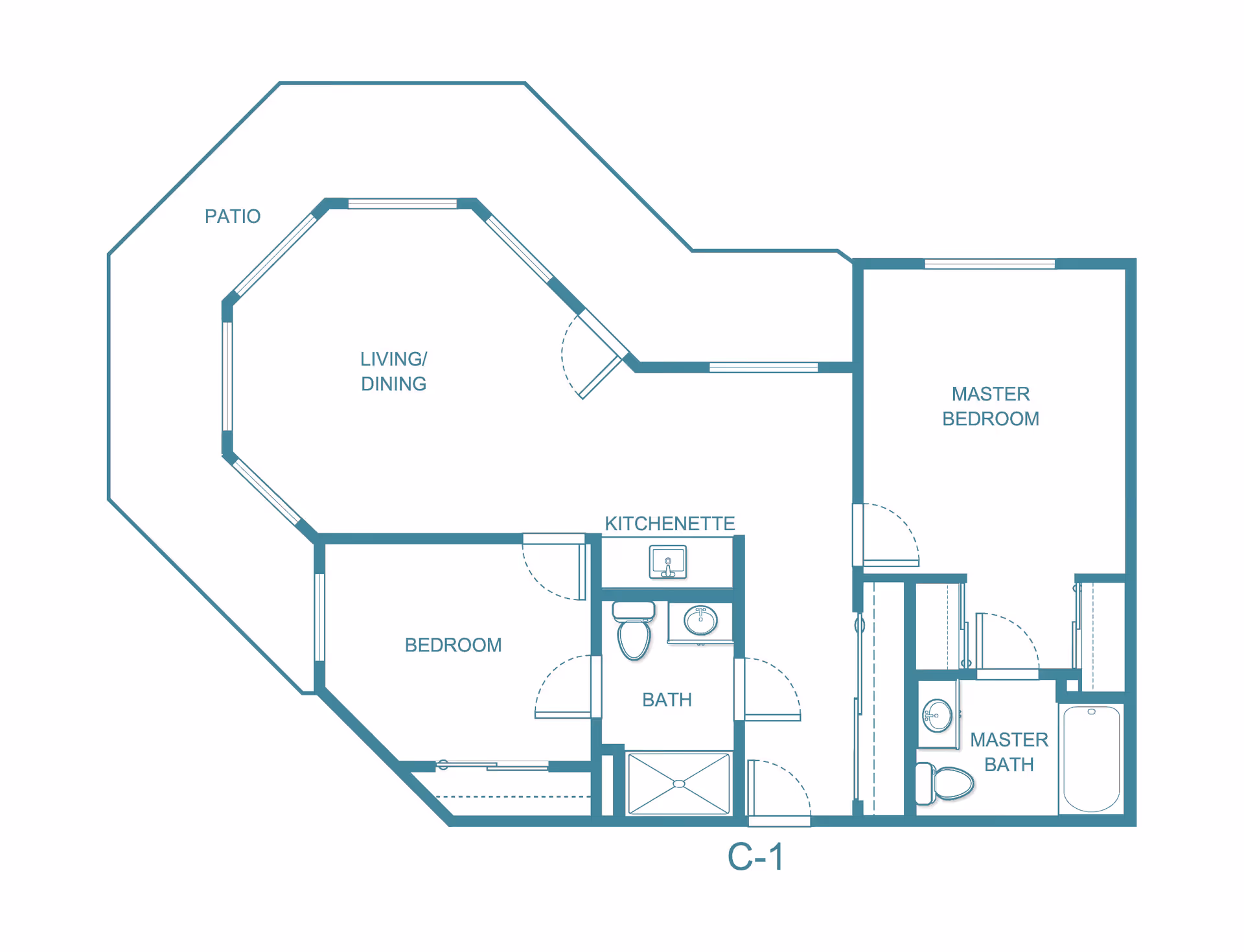 Architectural floor plan of a residential unit labeled C-1, featuring a master bedroom with an attached master bath, a second bedroom, a bath, a kitchenette, a combined living and dining area, and a patio.
