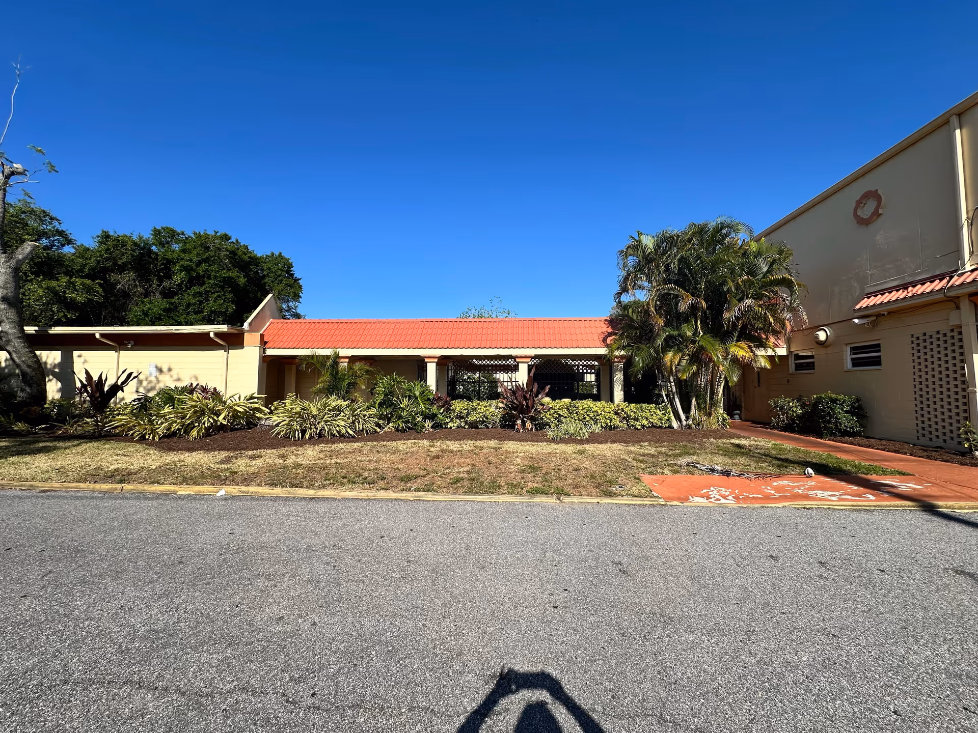 Low single-story building with a red tiled roof, palm trees and landscaped beds under a clear blue sky.