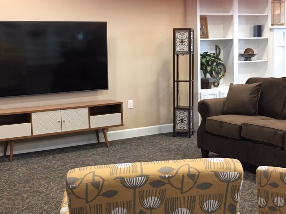 A cozy sitting area with a wall-mounted flat-screen TV over a mid-century media console, patterned armchairs in the foreground and a brown sofa beside white built-in shelves.