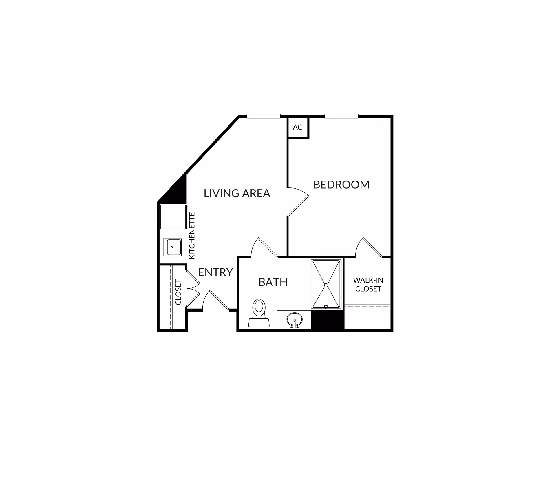 Floor plan of a living space at Bayshire San Dimas showing an entry area with a kitchenette and closet, a living area, a bedroom with a walk-in closet, and a bathroom with a toilet, sink, and shower.