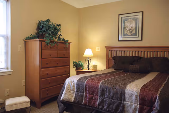 A cozy bedroom with a wooden bed frame and a bed covered with a striped comforter in shades of brown, beige, and burgundy. There is a wooden dresser with a green leafy plant on top, a small nightstand with a lamp and a small plant, and a framed floral picture hanging on the beige wall above the bed. A window with blinds is partially visible on the left side.