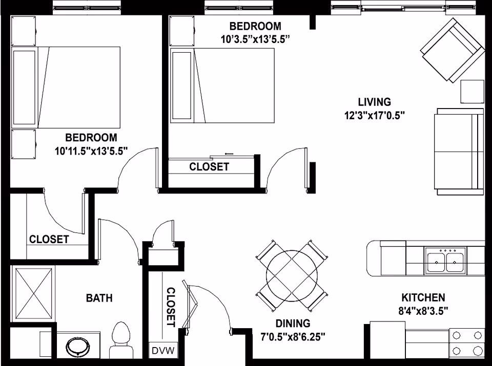 Architectural floor plan of a senior community apartment showing two bedrooms, a living room, a kitchen, a dining area, a bathroom, and multiple closets.