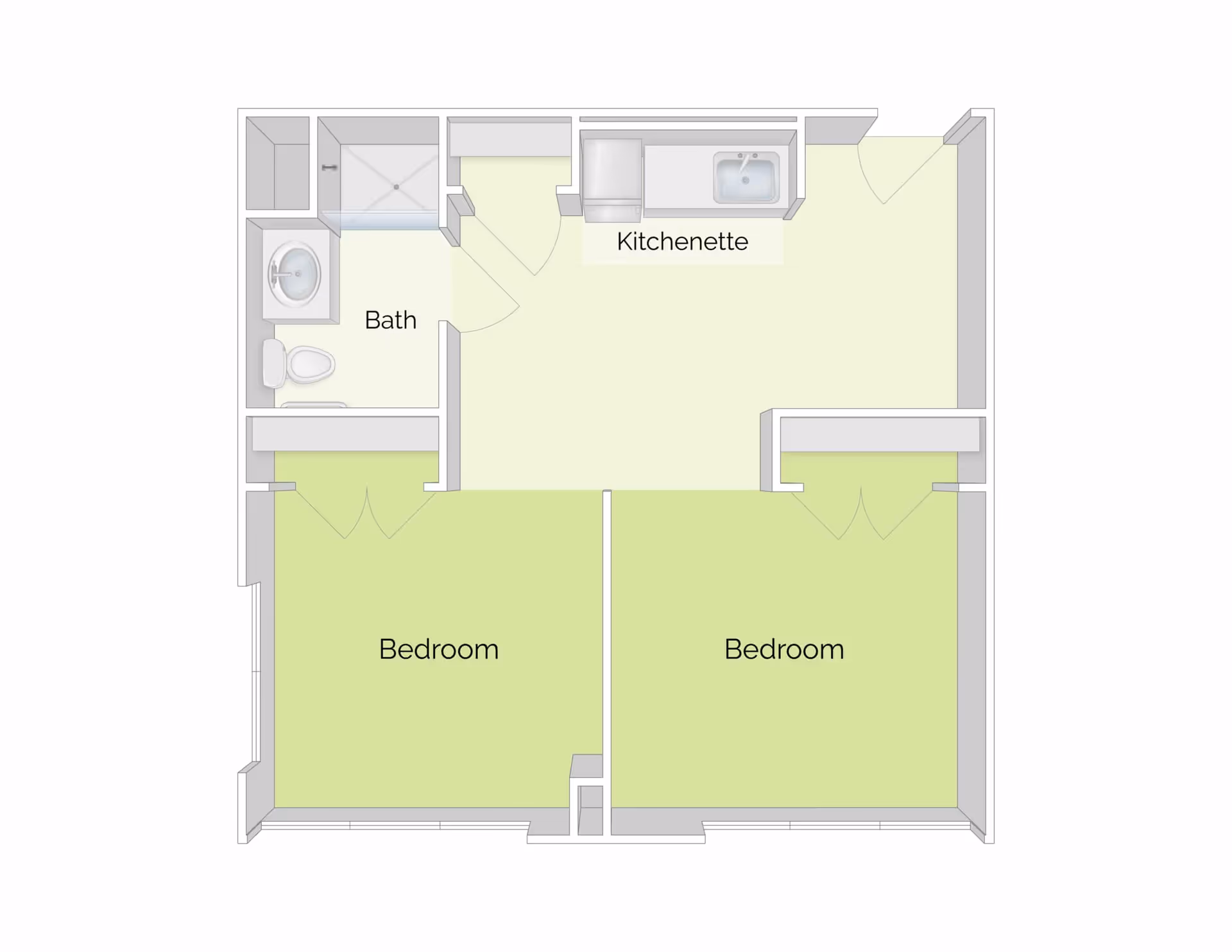 Floor plan of a living space at The Residence at Brookside showing two bedrooms, a bath with a toilet, sink, and shower, and a kitchenette area with a sink and small counter space.