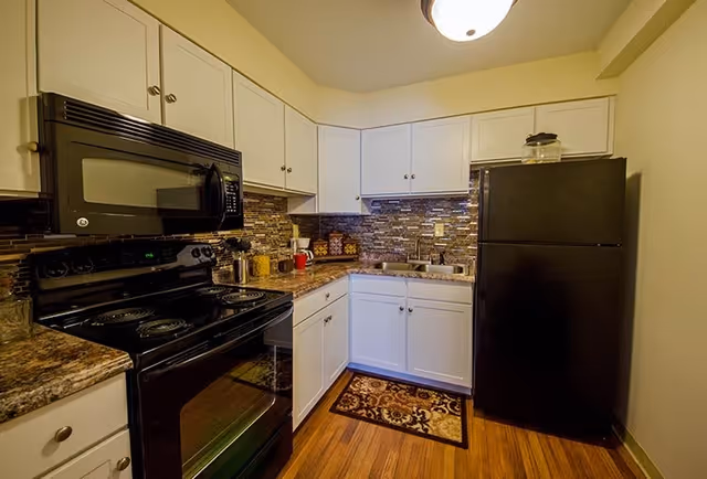 A compact kitchen with white cabinets, a black microwave above a black electric stove, a black refrigerator, a double sink, and a brown patterned rug on the wooden floor. The backsplash features a mosaic tile design in neutral tones.