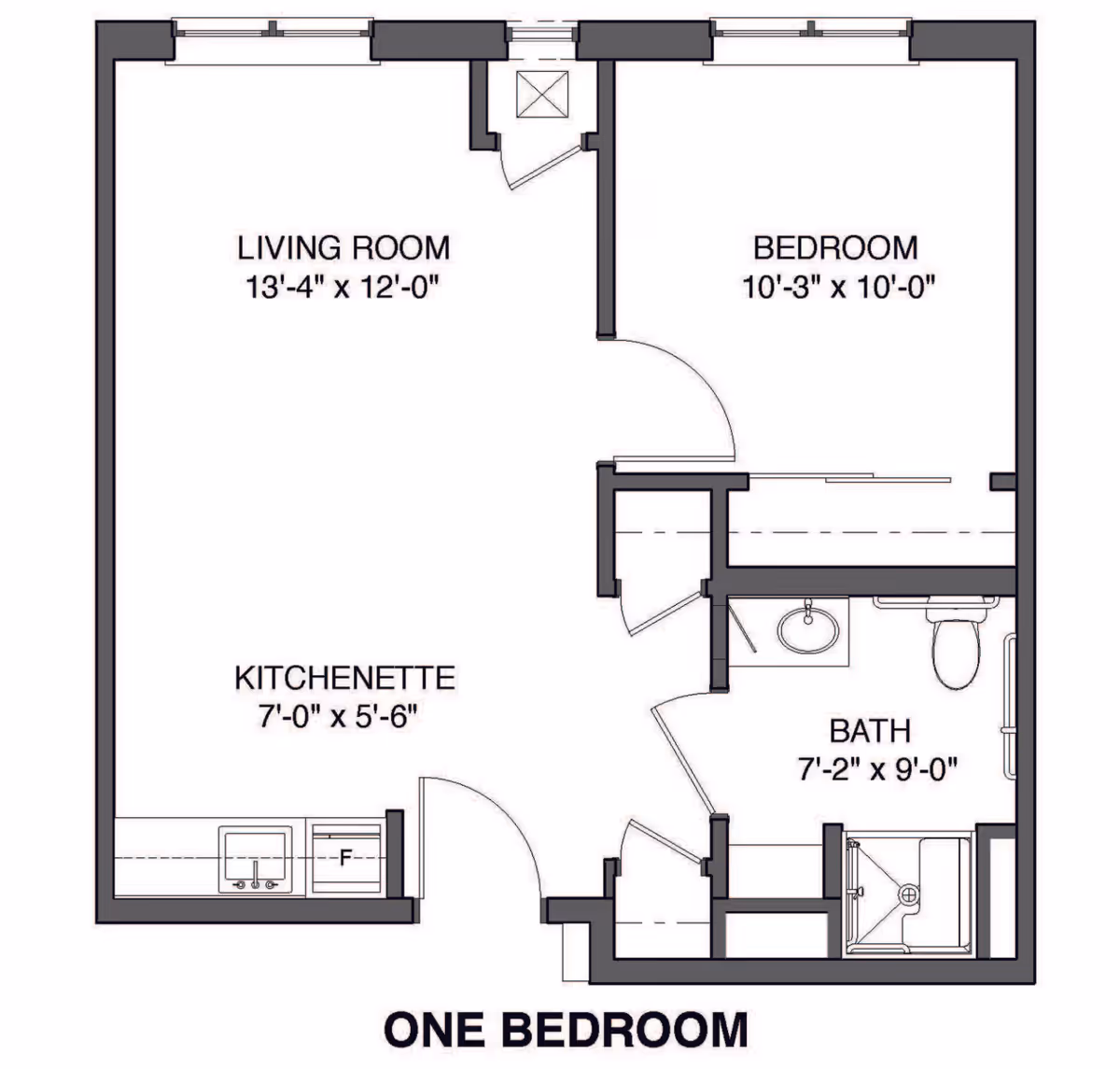 Floor plan of a one-bedroom apartment at Heritage Woods of Minooka showing a living room measuring 13 feet 4 inches by 12 feet, a bedroom measuring 10 feet 3 inches by 10 feet, a kitchenette measuring 7 feet by 5 feet 6 inches, and a bathroom measuring 7 feet 2 inches by 9 feet with a shower, toilet, and sink.