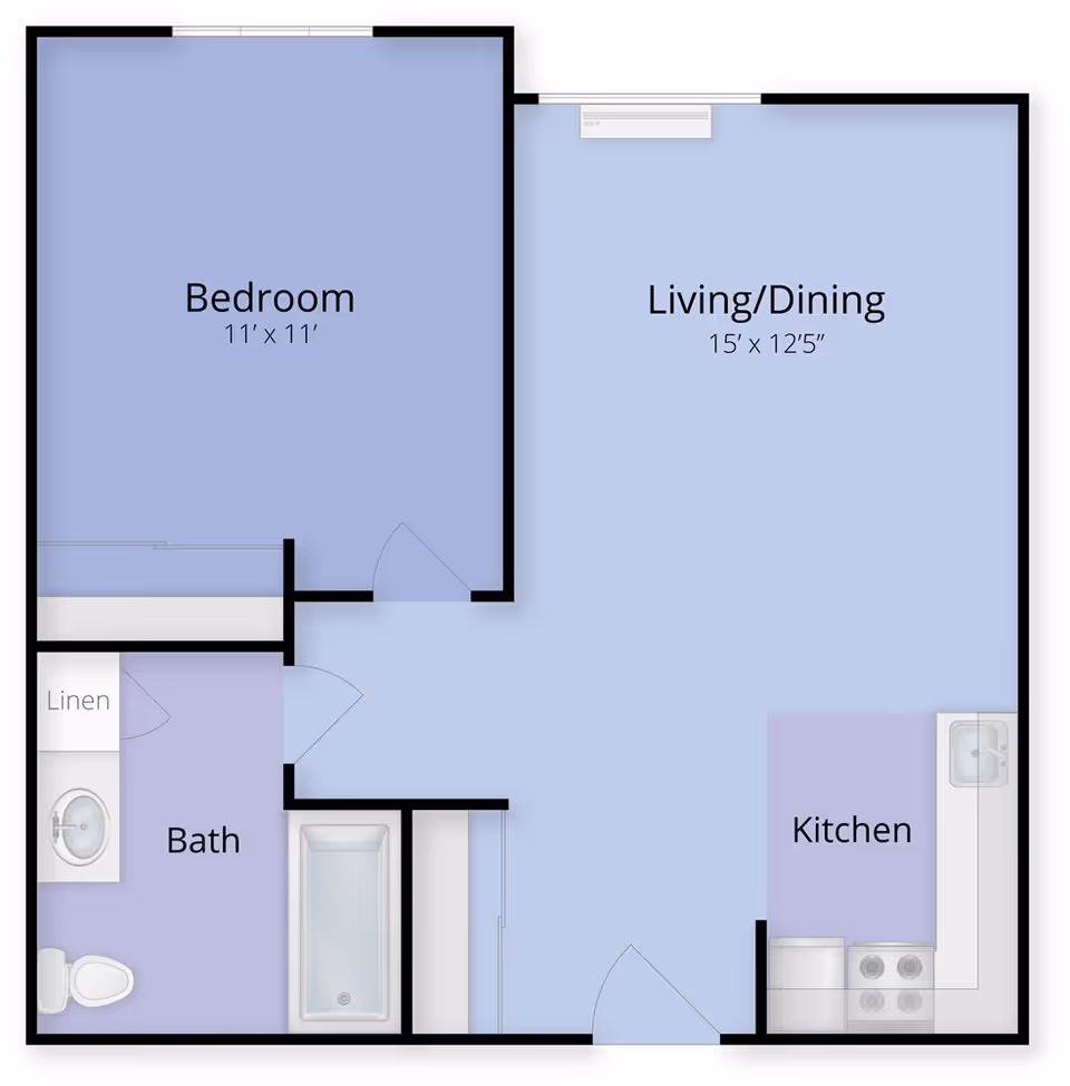 Floor plan of a one-bedroom apartment showing a bedroom, living/dining area, kitchen, and bathroom.