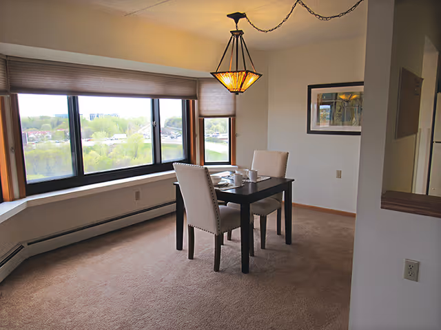 Dining area with a small dark table, two upholstered chairs, a hanging light fixture, and large windows overlooking trees.