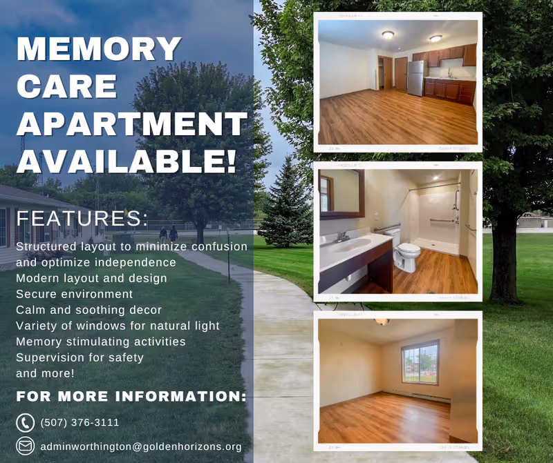 Advertisement for a memory care apartment available at Golden Horizons of Worthington. The ad features three photos of the apartment interior: a kitchen area with wooden cabinets and stainless steel appliances, a bathroom with a sink, toilet, and shower, and a bedroom with a window and wooden floor. The background shows an outdoor walkway with trees and grass. Text highlights features such as structured layout, modern design, secure environment, natural light, and supervision for safety. Contact information is provided.