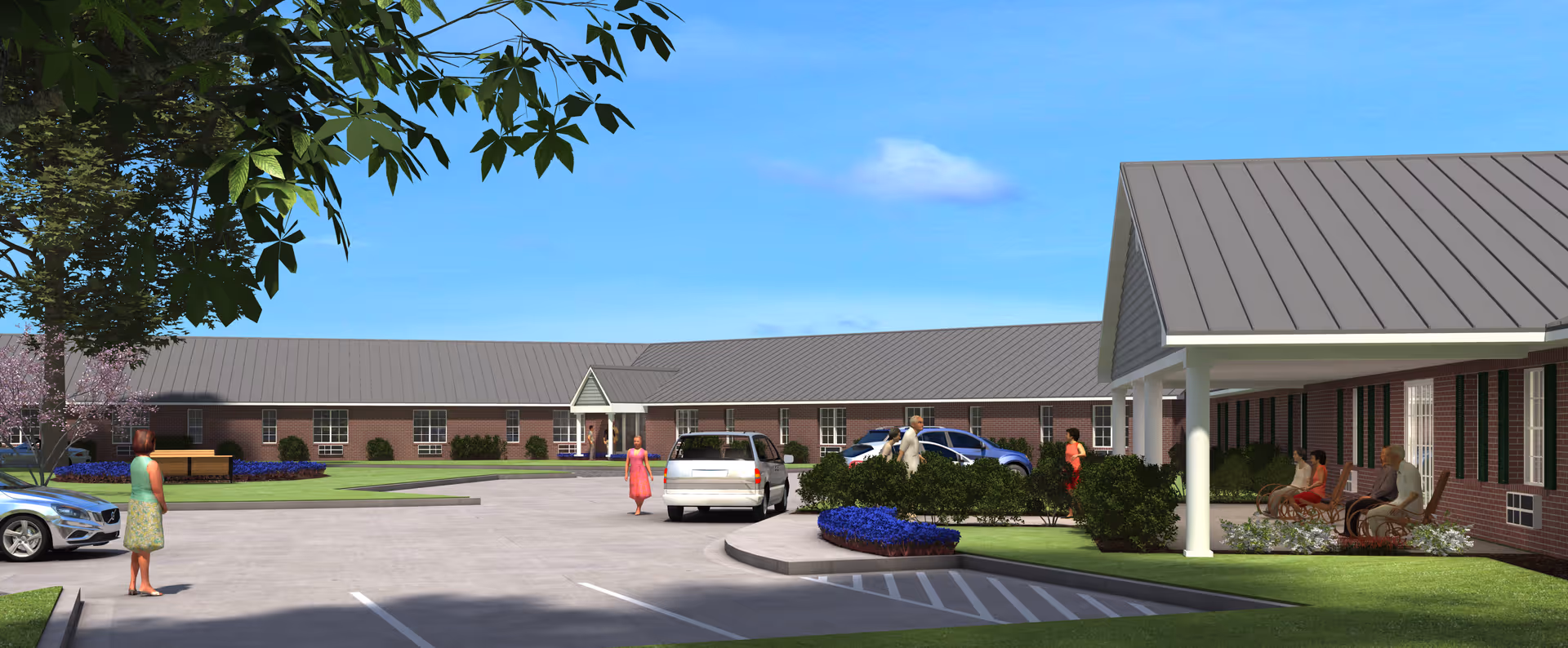 Exterior view of a single-story brick senior living facility with a gray metal roof, a parking lot with several cars, and people walking and sitting outside near the entrance and porch area under a clear blue sky.