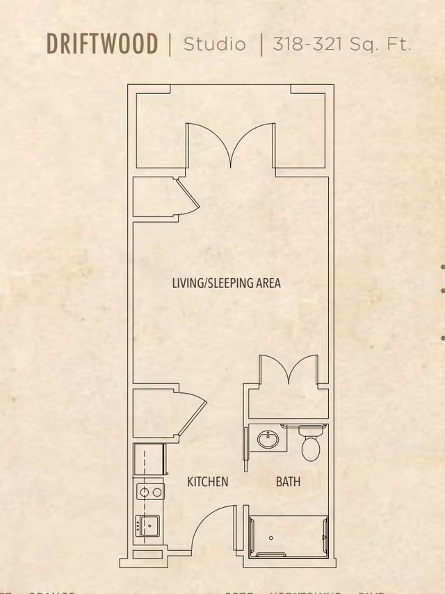 Floor plan of Driftwood studio apartment at Seagrass Village of Port Orange showing a living/sleeping area, kitchen, and bathroom with labeled areas and dimensions of 318-321 square feet.