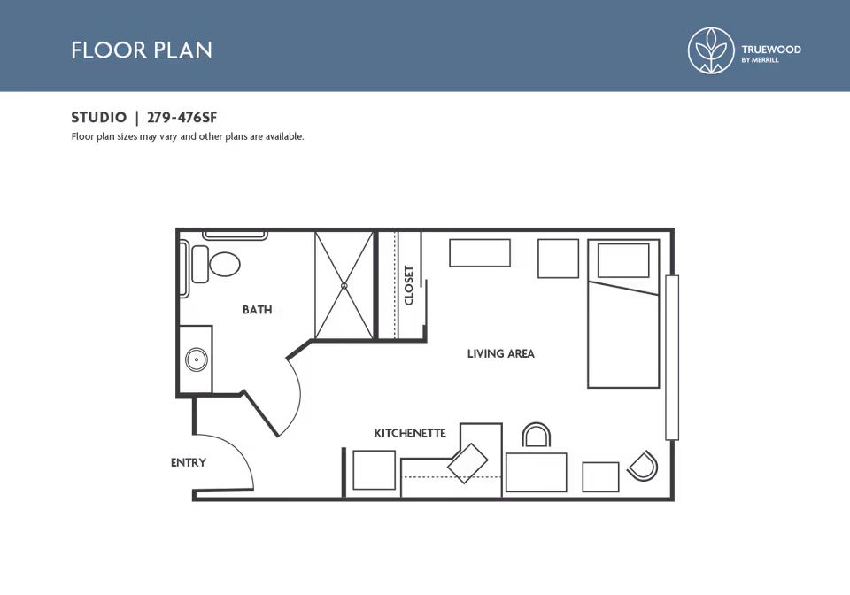 Studio floor plan diagram on a dark background showing an entry, kitchenette, living area, closet, and bathroom with a 'FLOOR PLAN' header and Truewood by Merrill logo.