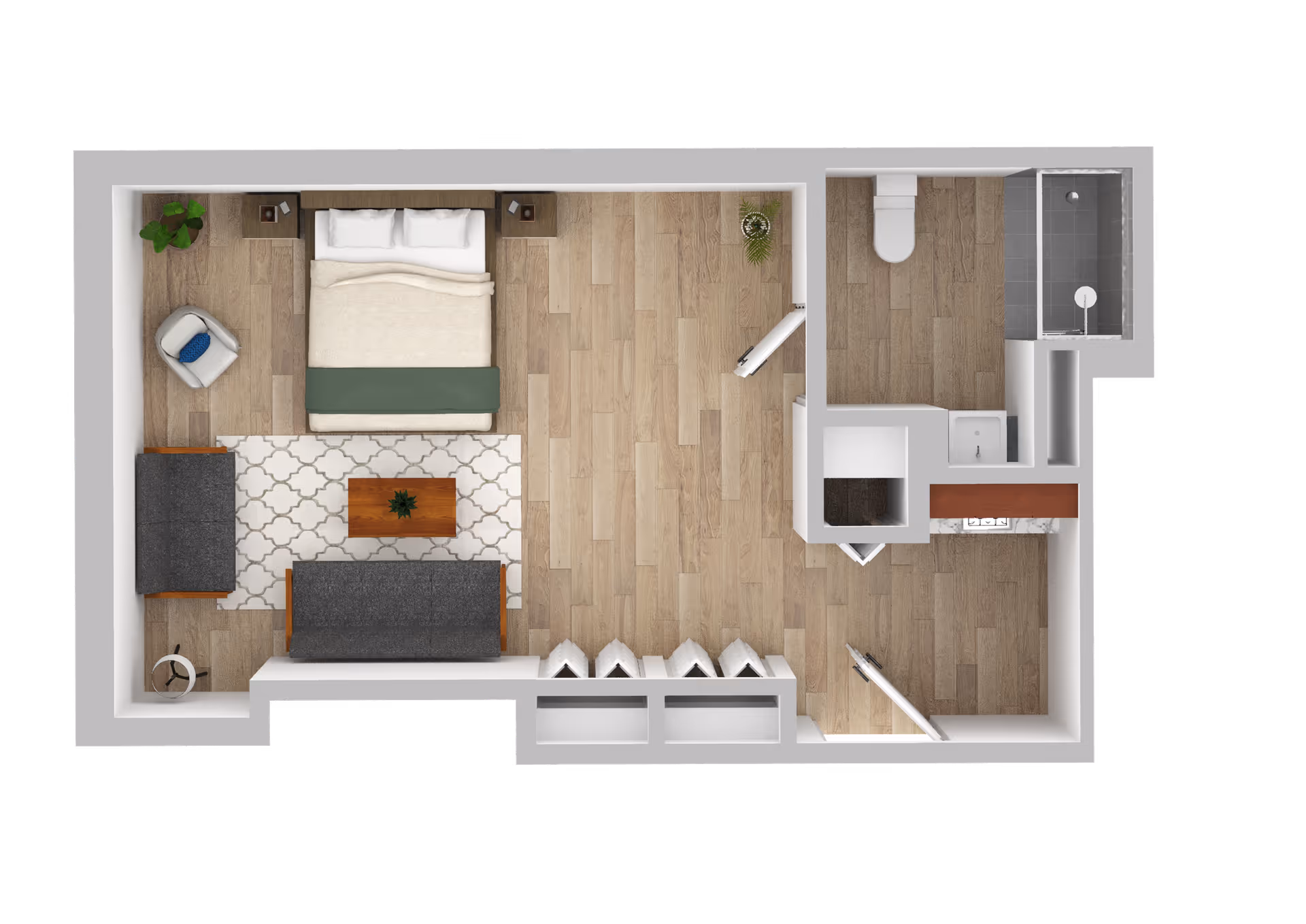 Top-down 3D floor plan of a studio apartment showing a bed, seating area, kitchenette and bathroom.