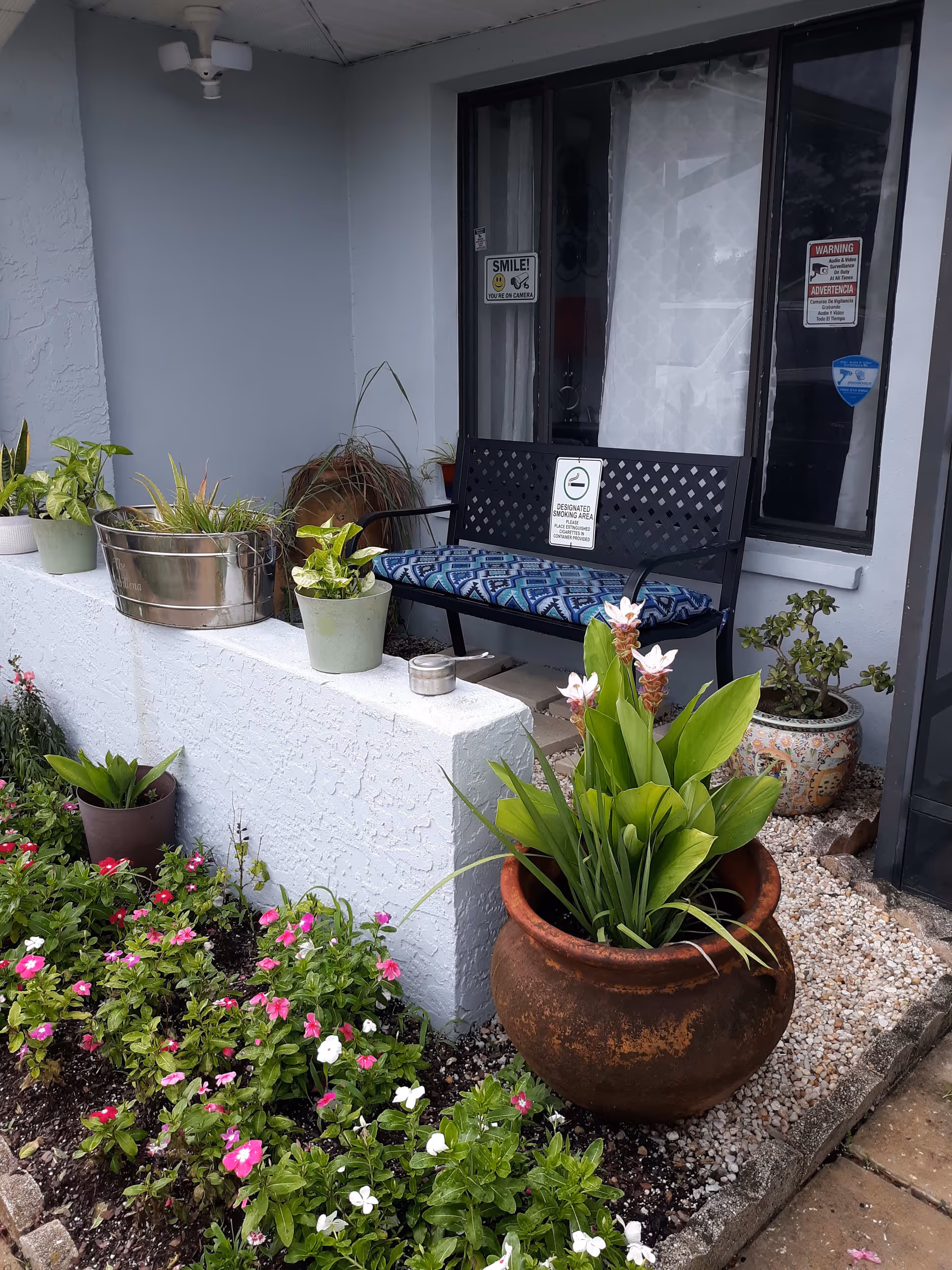 Outdoor seating area with a black metal bench that has a blue patterned cushion and a sign indicating a designated smoking area. The bench is placed against a white wall with windows covered by white curtains. Several potted plants and flowers surround the bench, including a large brown pot with green leafy plants and pink flowers, smaller pots on a ledge, and a flower bed with pink and white flowers in front.