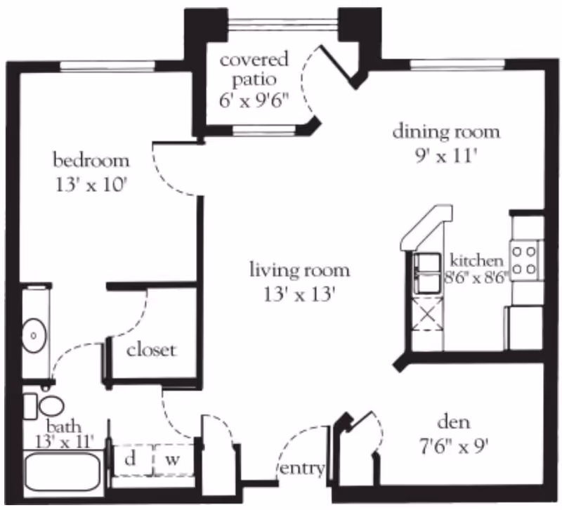 Architectural floor plan of a senior living unit at Atria Park Of Sierra Pointe showing a bedroom, bathroom, closet, living room, dining room, kitchen, den, entry, and a covered patio with dimensions for each area.