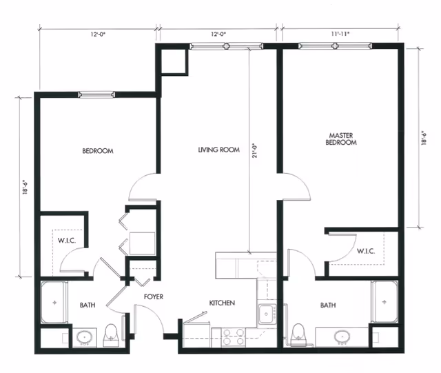 Architectural floor plan of a senior living apartment at Plush Mills Senior Living, showing two bedrooms including a master bedroom, two bathrooms, a kitchen, a living room, a foyer, and walk-in closets.